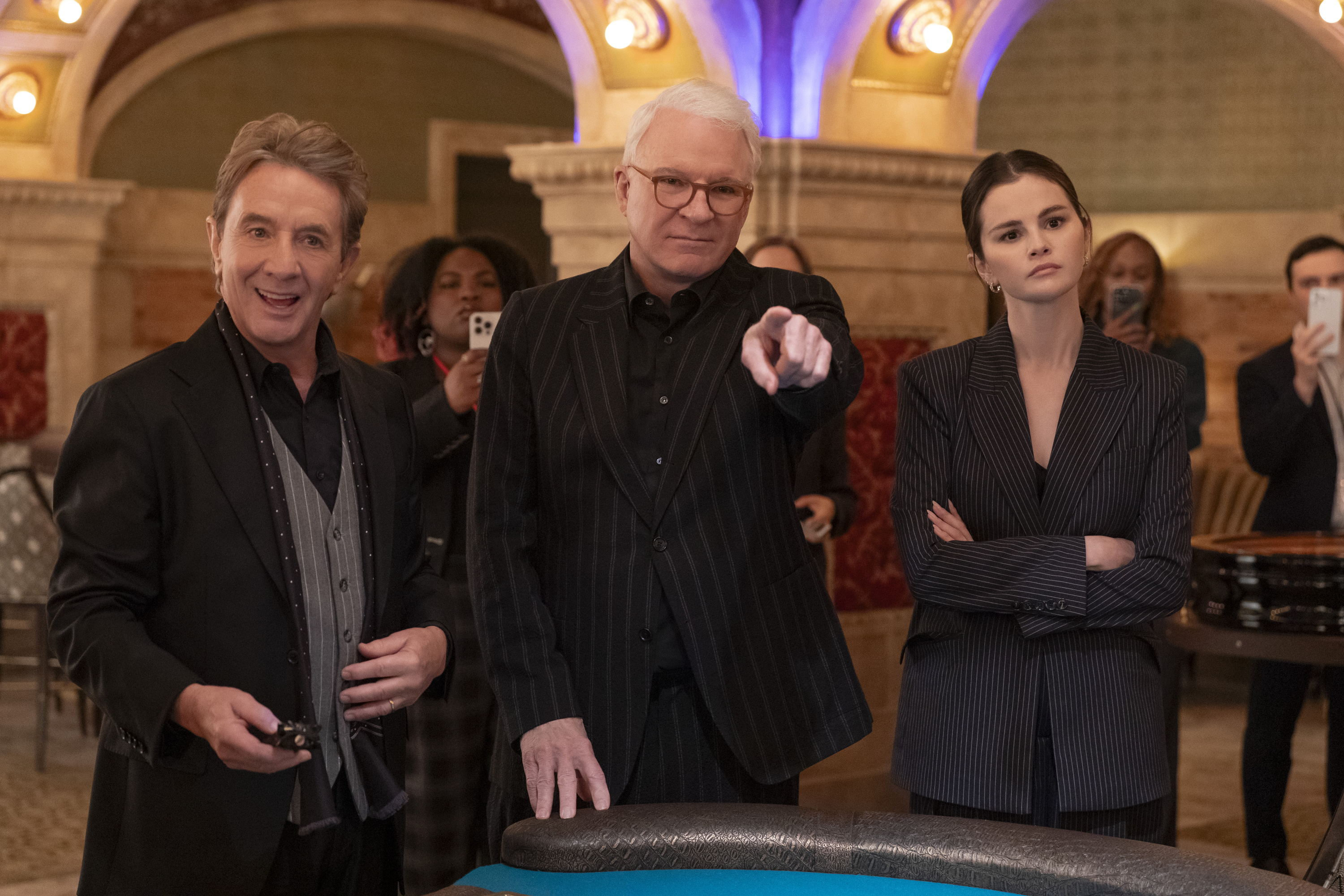l-r: Martin Short as Oliver, Steve Martin as Charles, Selena Gomez as Mabel in &#039;Only Murders in the Building.&#039;