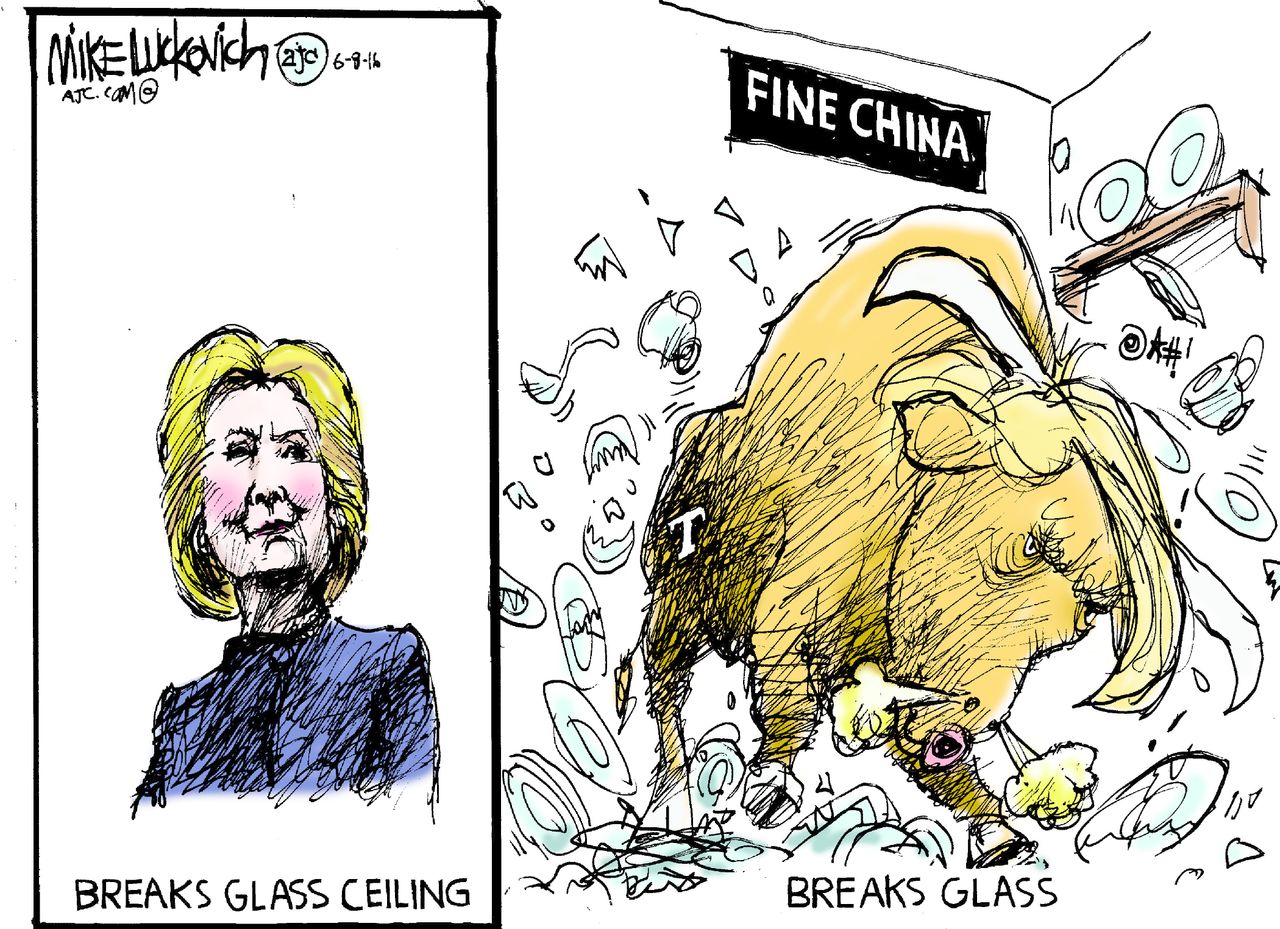 Political cartoon U.S. Hillary Clinton Glass Ceiling Donald Trump