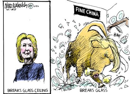 Political cartoon U.S. Hillary Clinton Glass Ceiling Donald Trump