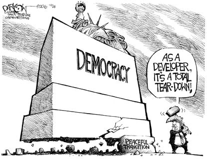 Political cartoon U.S. 2016 election Donald Trump democracy