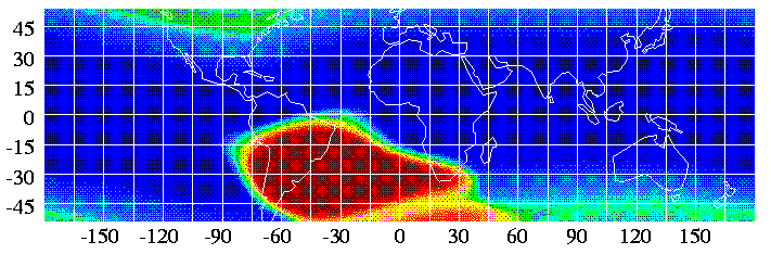 Image of the South Atlantic Anomaly (SAA), the region where Earth's magnetic field is weakest, taken by the ROSAT satellite in the 1990s.