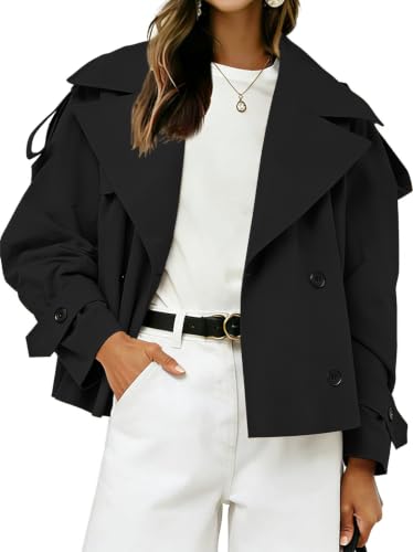 Muchpow Women's Casual Cropped Trench Coats With Belt (black,large)