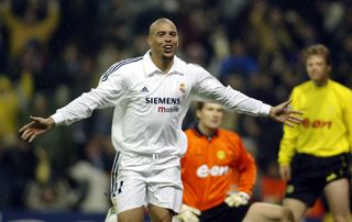 Ronaldo celebrates a goal for Real Madrid against Borussia Dortmund in the Champions League in February 2003.