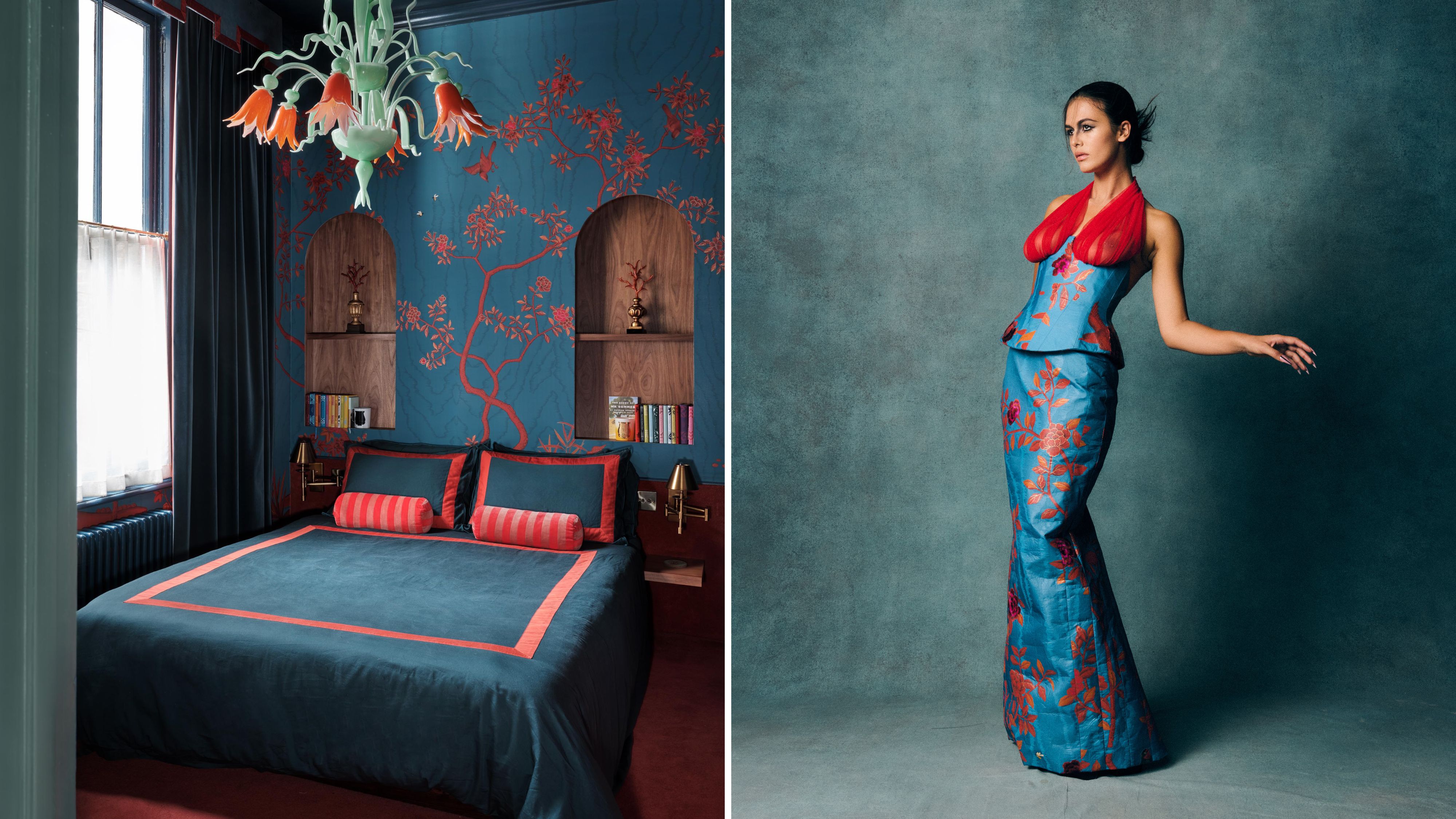 Side-by-side of Harris Reed's personal London bedroom, which features blue and pink wallpaper alongside coordinating bed linens and a whimsical floral chandelier