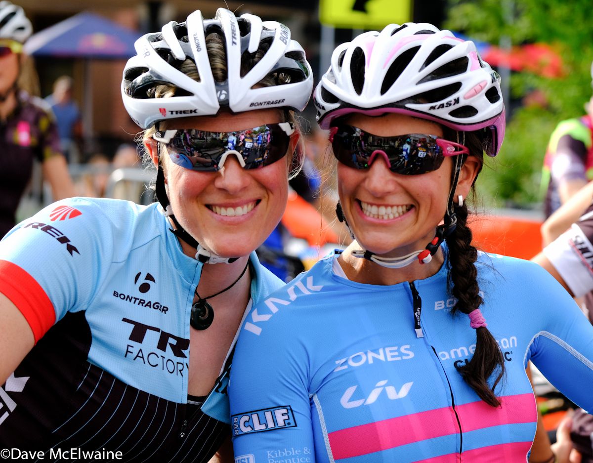 USA Cyclocross Champion Katie Compton (Trek) with fellow &lsquo;crosser Courtenay McFadden ( American Classic-Zones) at the start
