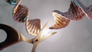 Uma ilustração conceitual em 3D mostrando um fio de DNA sendo cortado com uma tesoura grande