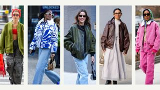 composite of street style images from nyfw showing people wearing bomber jackets
