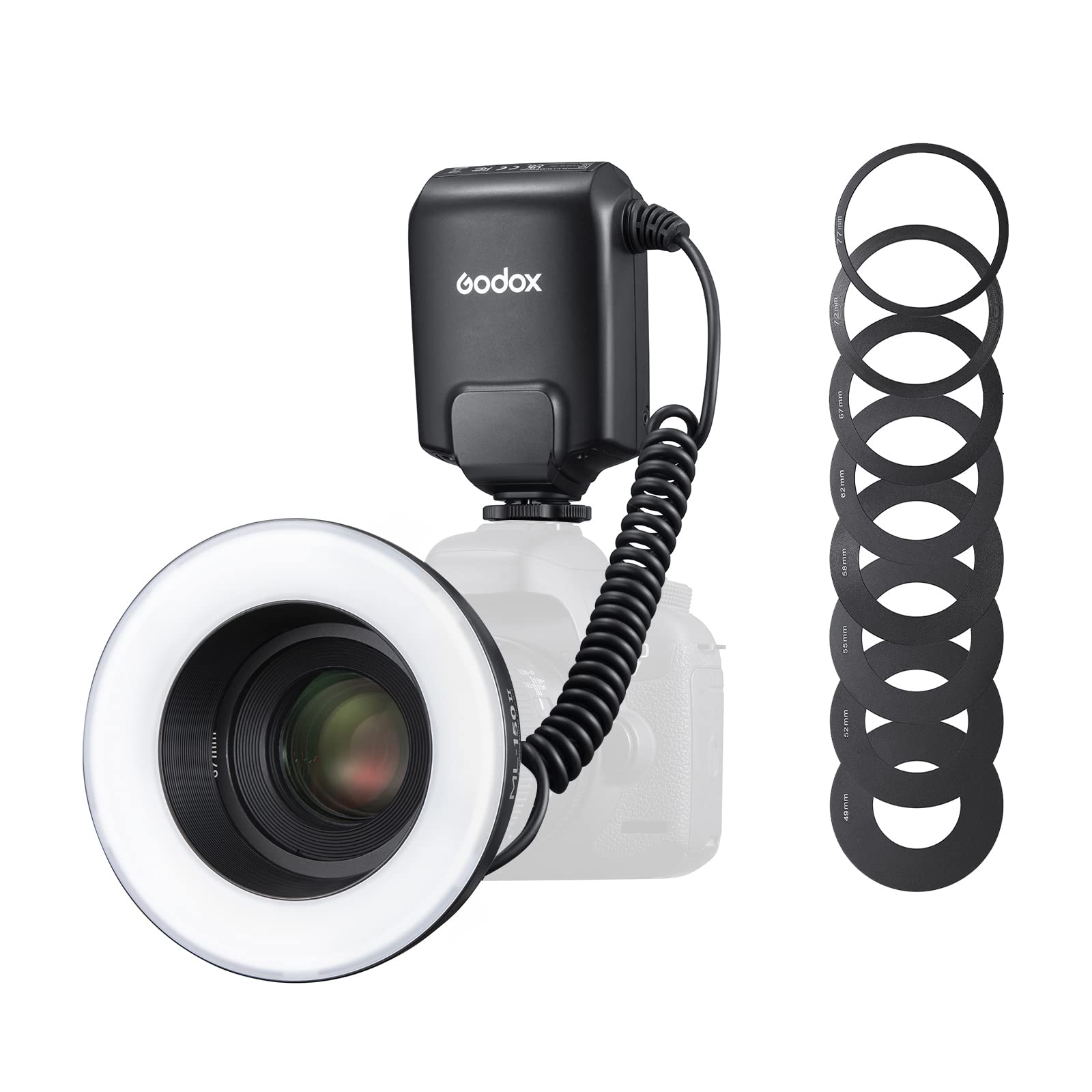 Godox ML-150II ring flash with ghosted camera body and adaptor rings