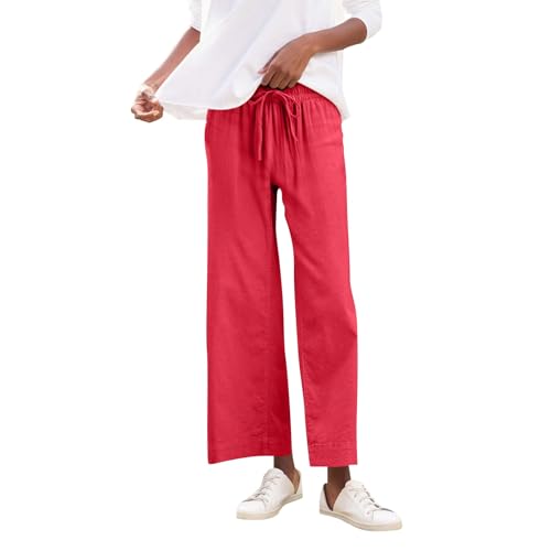 Cotton Linen Pants for Women Drawstring Elastic Waist Wide Leg Pants Wide Leg Loose Fit Summer Casual Trousers Watermelon Red