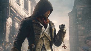 The best Assassin's Creed games: Arno Dorian holding a cross during the game Assassin's Creed Unity.