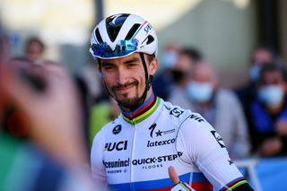 MILAN ITALY OCTOBER 06 Julian Alaphilippe of France and Team Deceuninck QuickStep prior to the 102nd MilanoTorino 2021 a 190km race from Magenta to Torino Superga 669m MilanoTorino on October 06 2021 in Milan Italy Photo by Tim de WaeleGetty Images