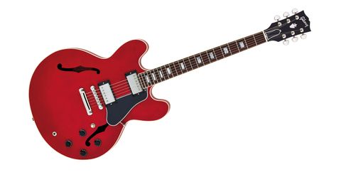 The ES-335 is finished in a satin cherry-coloured lacquer - the official spec describes it as 'Faded Cherry'