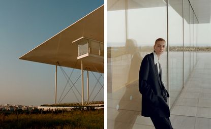 Left, the Stavros Niarchos Foundation Cultural Centre, Athens. Right, a wearing a jacket, shirt and trousers, all by Céline