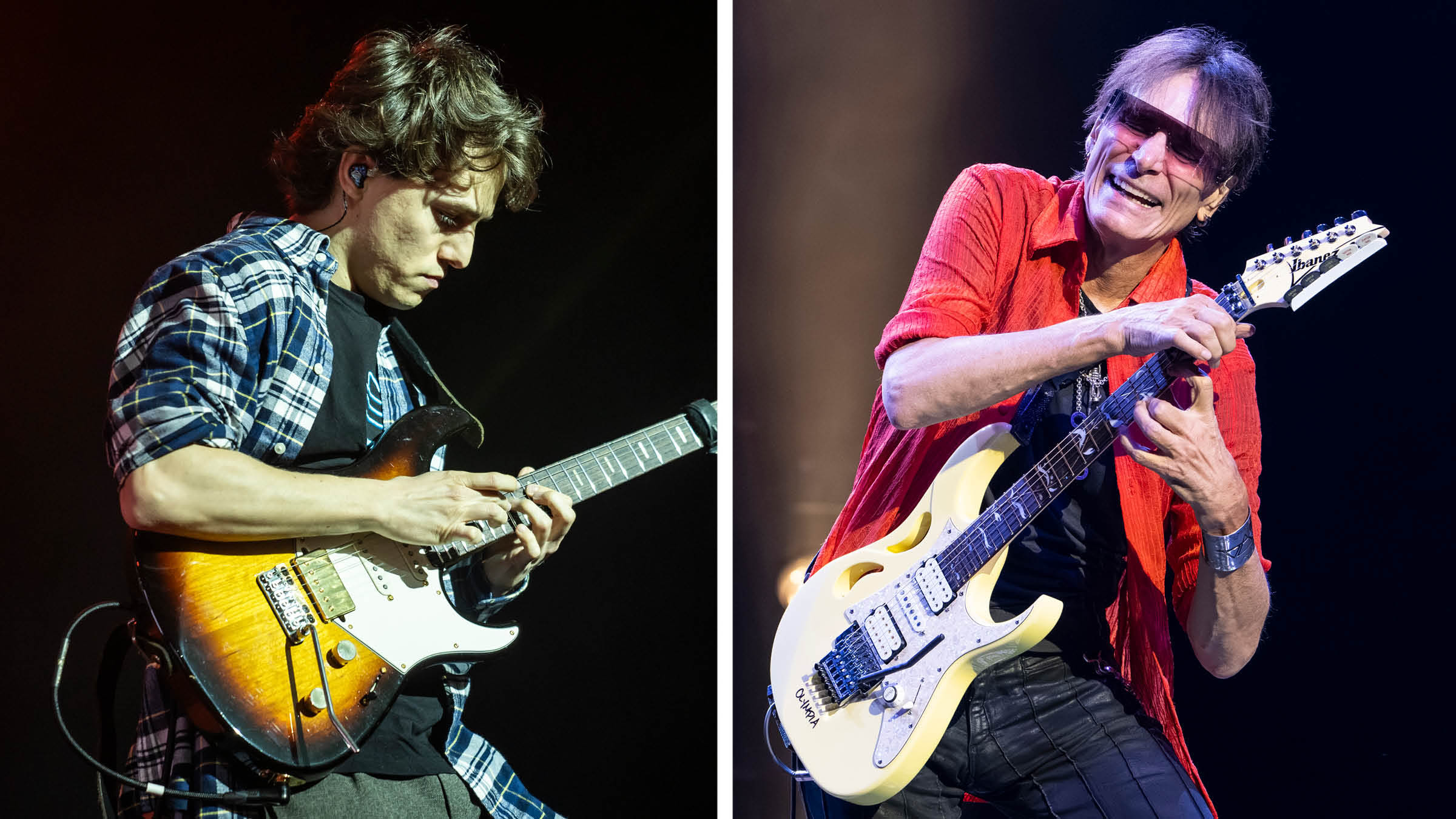 Matteo Mancuso taps out a solo on his Yamaha Revstar while Steve Vai gets creative on his Ibanez PIA 