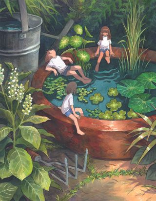 Artists new year resolutions 2024; fantasy characters hang out around a swimming pool