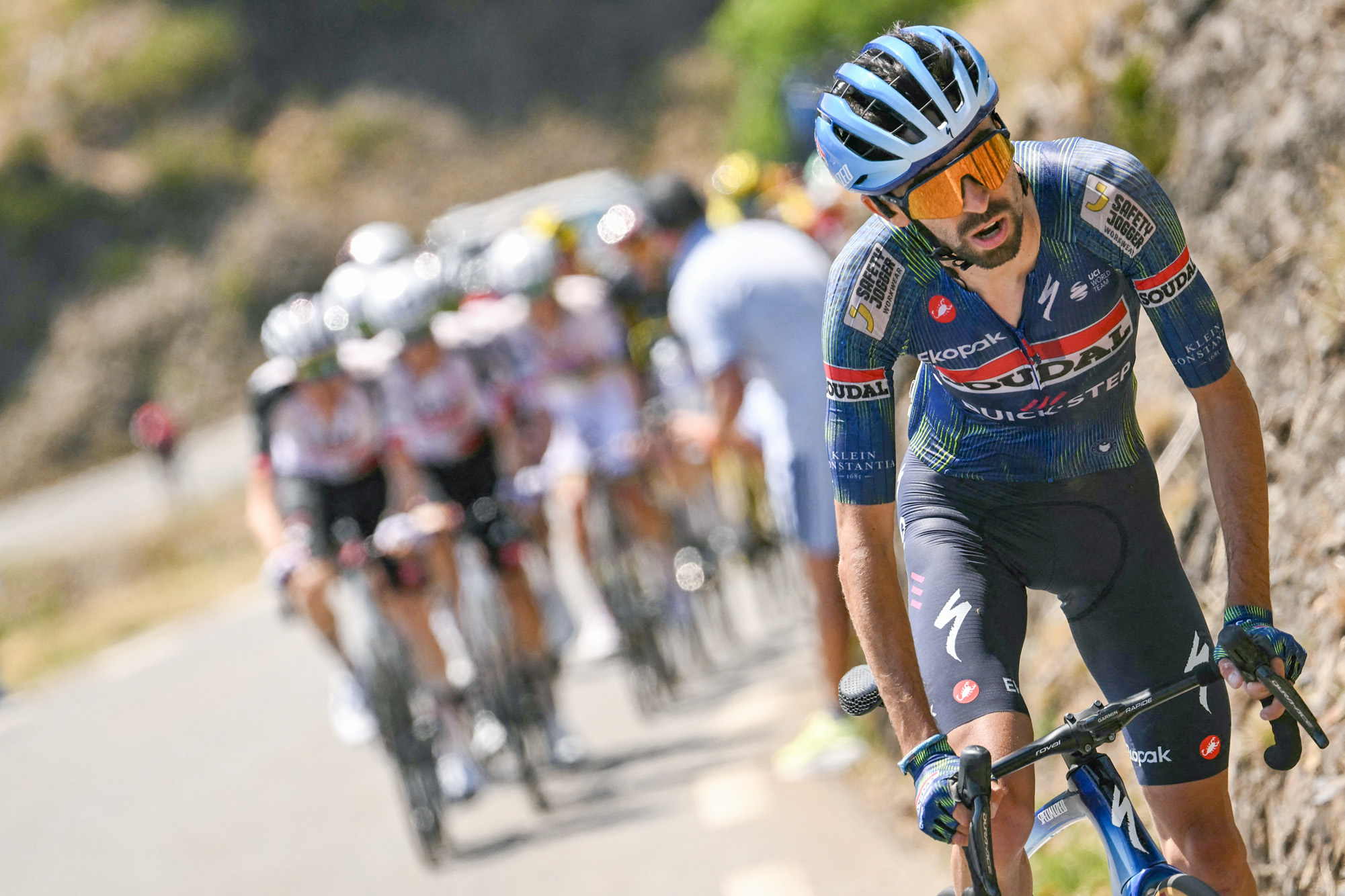 Soudal Quick-Step team's French rider Valentin Paret-Peintre cycles in a breakaway in the Col d'Aspin ascent during the 6th stage of the 113th edition of the Tour de France cycling race, 186,2 km between Pau and Gavarnie-G&egrave;dre in the French Pyrenees, on July 9, 2026. (Photo by Jeff PACHOUD / AFP via Getty Images)