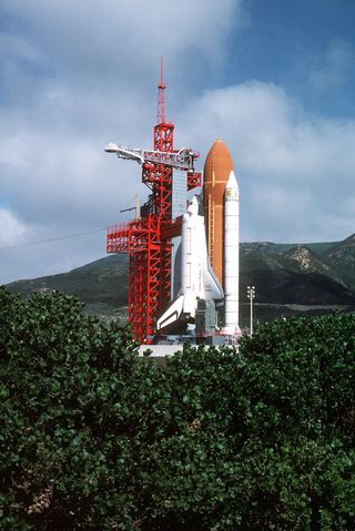 Space Shuttle Enterprise in launch position on the Space Launch Complex (SLC) #6, commonly known as "SLICK 6", during the ready-to-launch checks to verify launch procedures.