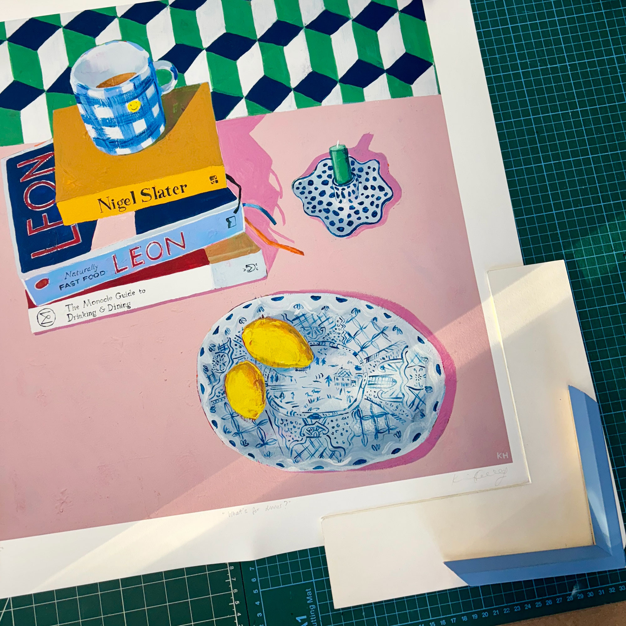 Close up of artwork on cutting board