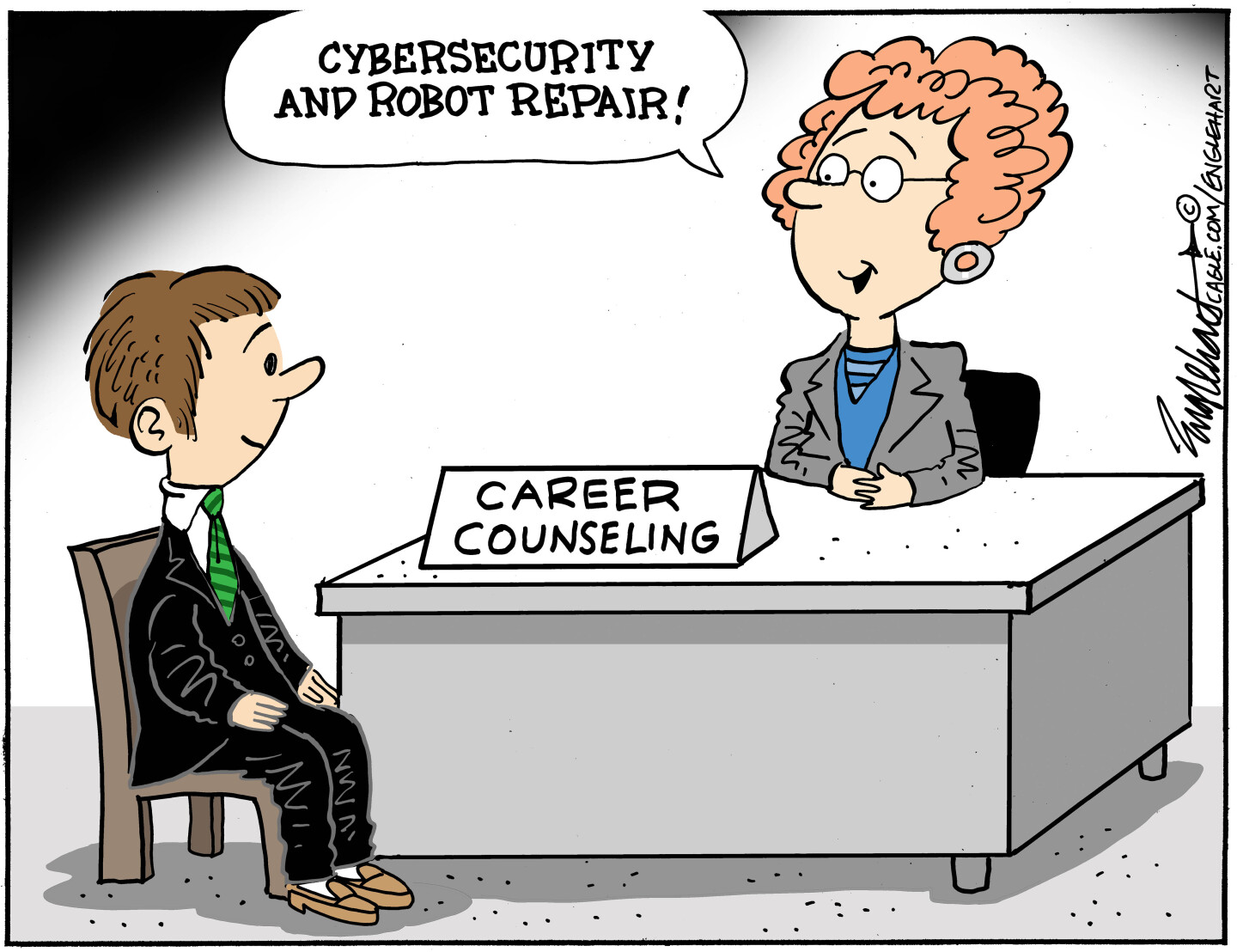 A young man in a suit sits in a chair speaking to female career counselor. The counselor tells him, &amp;ldquo;Cybersecurity and robot repair!&amp;rdquo;