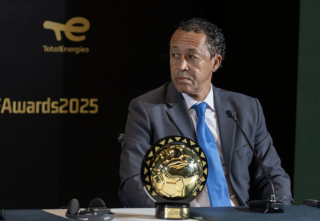 Head coach of Cape Verde national team Pedro Leitao Brito, commonly known as Bubista, winner of the African Head Coach of the Year award at the CAF Awards ceremony, makes a statement to the press after receiving the honor in Sale, Morocco on November 19, 2025.