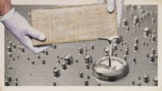 Photo collage of a pair of gloved hands handling a taped package leaking mercury