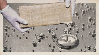 Photo collage of a pair of gloved hands handling a taped package leaking mercury