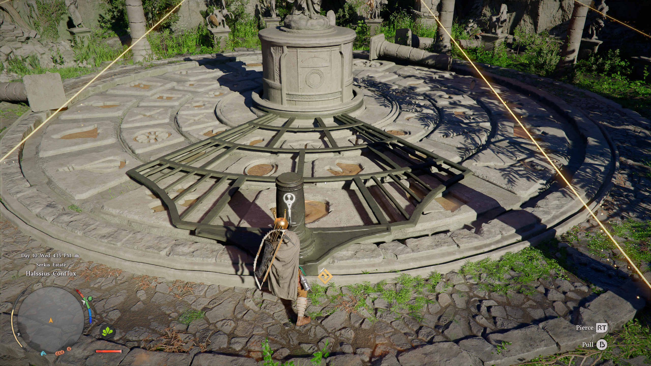 Crimson Desert Halssius Conflux puzzle: Kliff with his sword jammed into a post, pushing to rotate a grid around a statue.