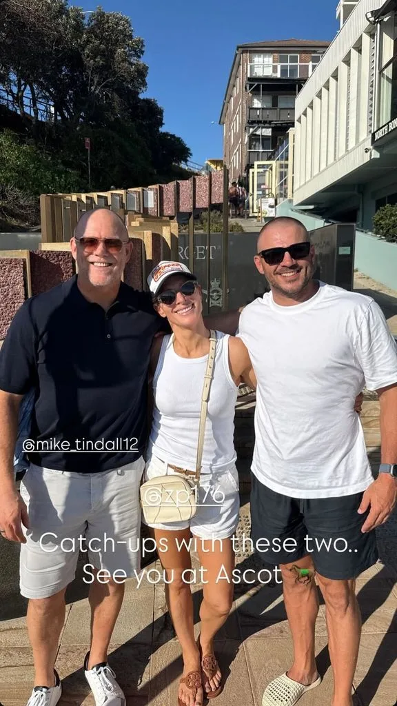 Mike Tindall, Zara Tindall and friend wearing shorts and smiling
