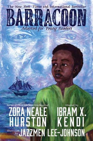 Image of a book cover with a young boy, and a sailboat on the ocean, in the background