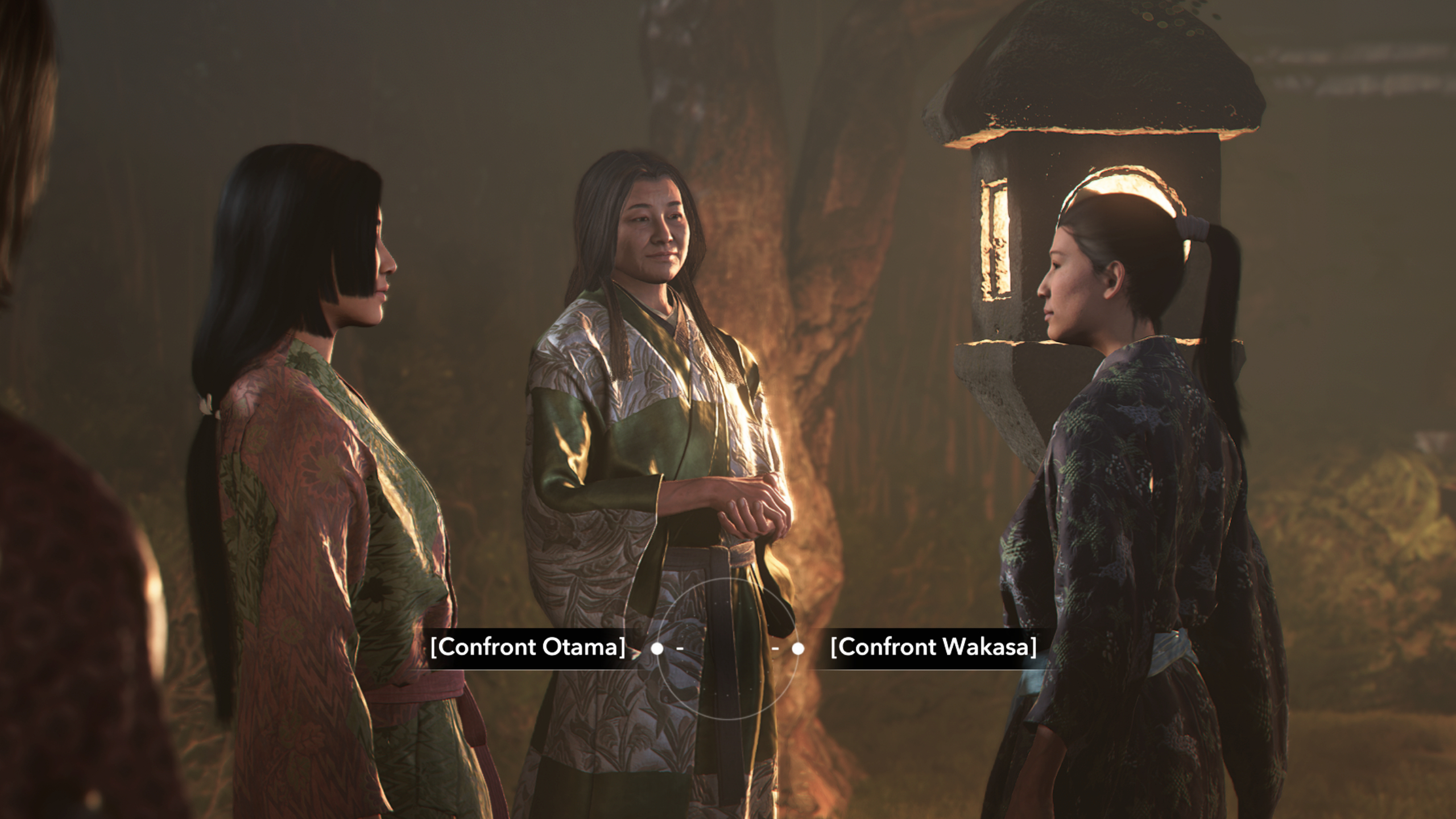 Assassin's Creed Shadows Tea Ceremony answers - Otama on the left and Wakasa on the right, facing each other as Naoe decides who to confront.