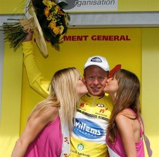 Stefan Van Dijck happy in yellow after stage 2 of Wallonie.