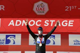 ABU DHABI UNITED ARAB EMIRATES FEBRUARY 21 Podium Joao Almeida of Portugal and Team Deceuninck QuickStep Black Intermediate Sprint Jersey Celebration during the 3rd UAE Tour 2021 Stage 1 a 176km stage from Al Dhafra Castle to Al Mirfa Mask Covid Safety Measures UAETour on February 21 2021 in Abu Dhabi United Arab Emirates Photo by Tim de WaeleGetty Images