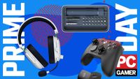 A selection of PC gaming products on a Prime Day background
