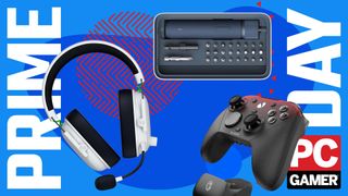 A selection of PC gaming products on a Prime Day background