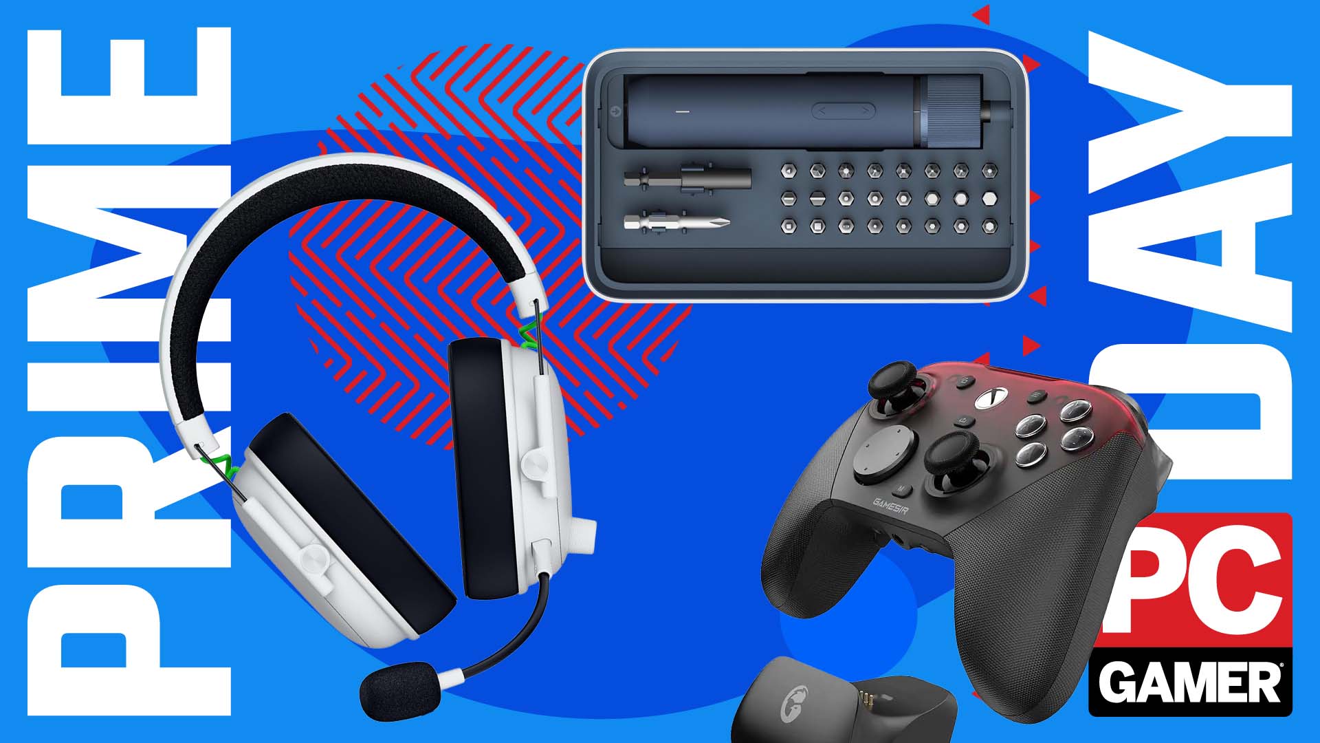 A selection of PC gaming products on a Prime Day background