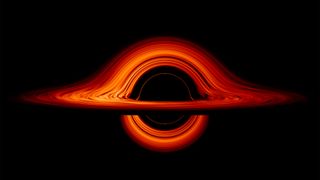 An artist's depiction of a black hole. Inside the thin orange ring is about twice the size of the black hole's event horizon.