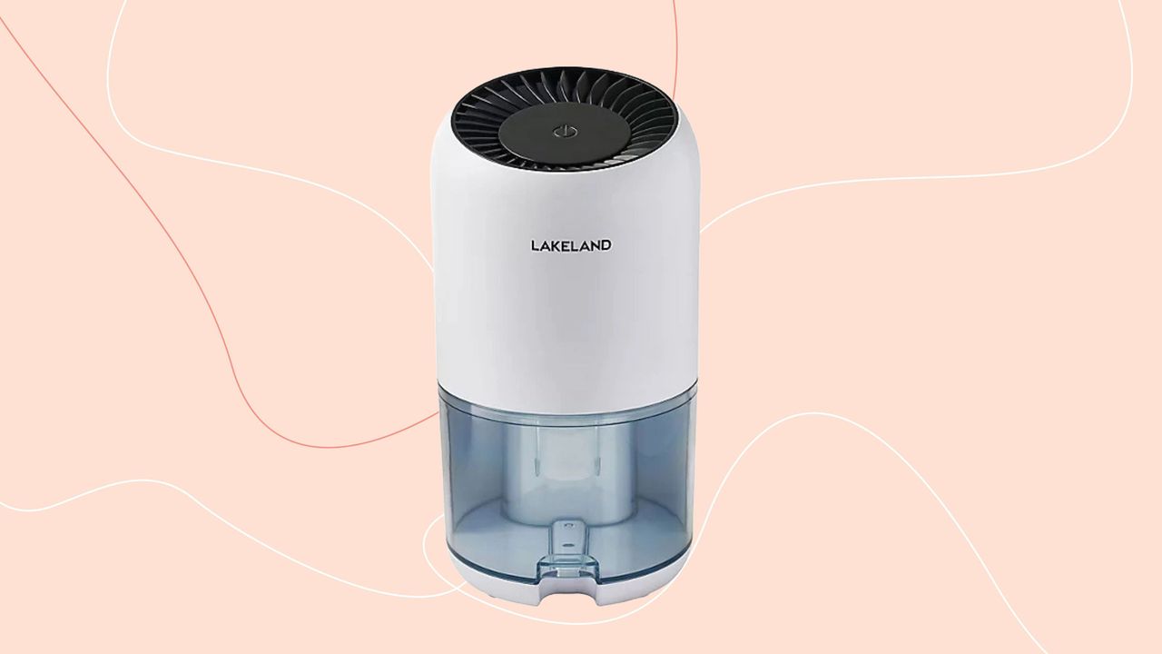 Lakeland compact dehumidifier on a pink background