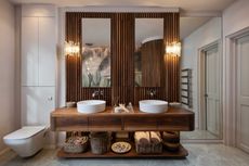 a wooden bathroom vanity
