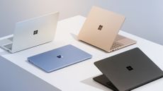 Surface Laptop 7 devices shown next to each other in various colors