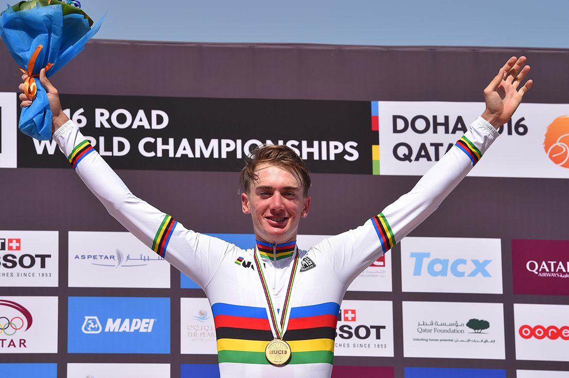 Brandon McNulty celebrates on the podium