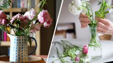 composite of pink peonies in vase jug and woman arranging white peonies in narrow vase