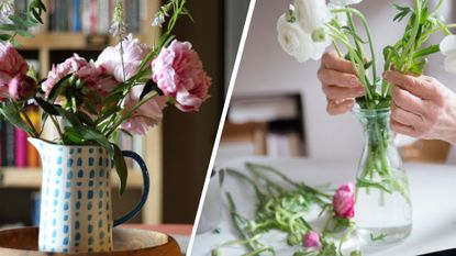 composite of pink peonies in vase jug and woman arranging white peonies in narrow vase