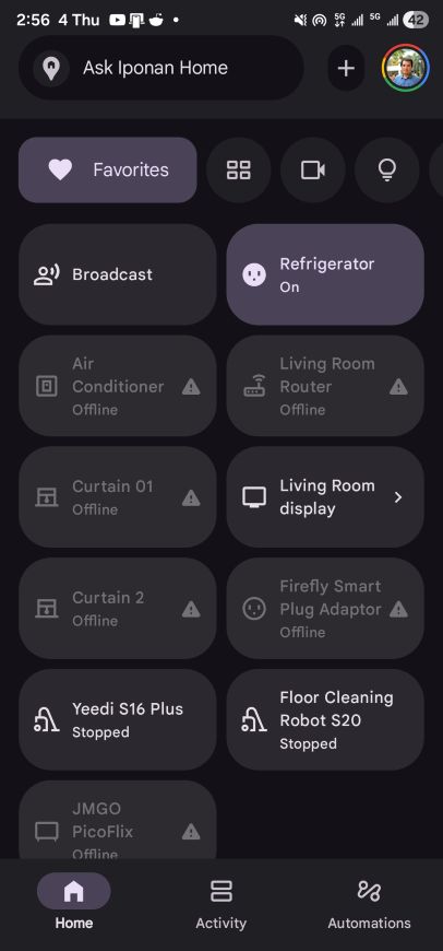 Google Home app favorites tab showing the broadcast button at the top
