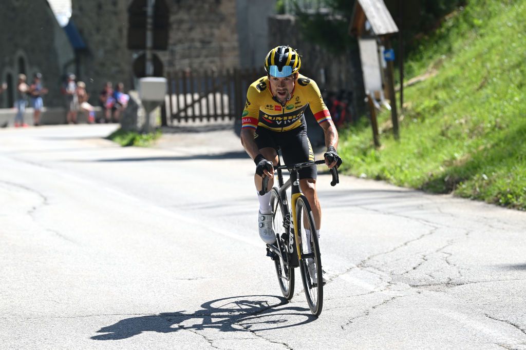 VAUJANY FRANCE JUNE 11 Primoz Roglic of Slovenia and Team Jumbo Visma attacks to takes the overall classification during the 74th Criterium du Dauphine 2022 Stage 7 a 1348km stage from SaintChaffrey to Vaujany 1230m WorldTour Dauphin on June 11 2022 in Vaujany France Photo by Dario BelingheriGetty Images