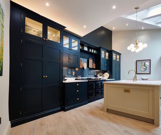 dark blue one wall style kitchen with combination of floor to ceiling units, aga style cooker and cream small island with sink