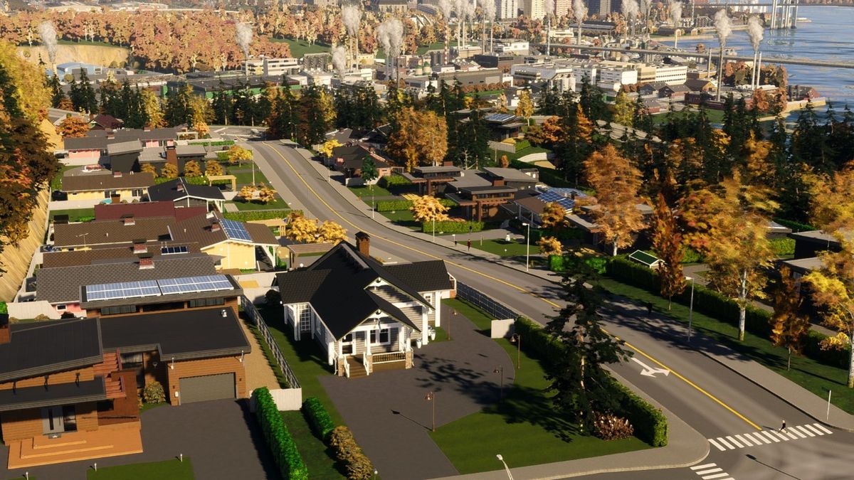 An autumnal neighborhood in Cities: Skylines 2.