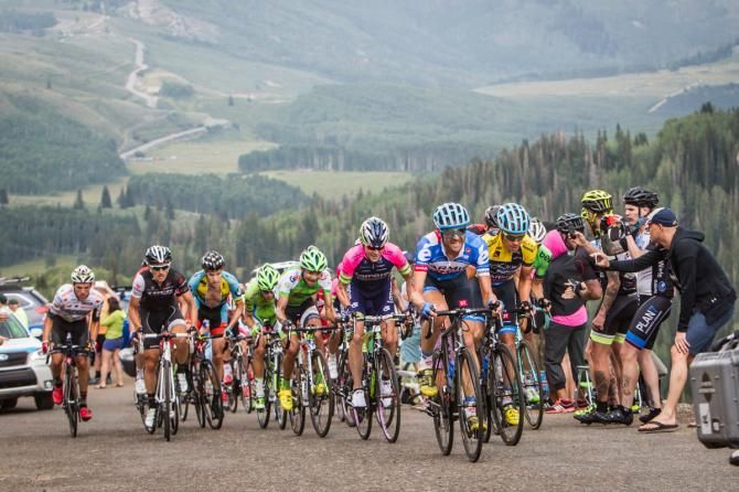 Phil Gaimon (Garmin) leads the field over one of todays KOM climbs.