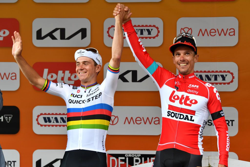  Remco Evenepoel of Belgium and QuickStep-AlphaVinyl and Philippe Gilbert of Belgium and Lotto Soudal celebrate at podium during the 35th Binche Chimay Binche Memorial Frank Vandenbroucke