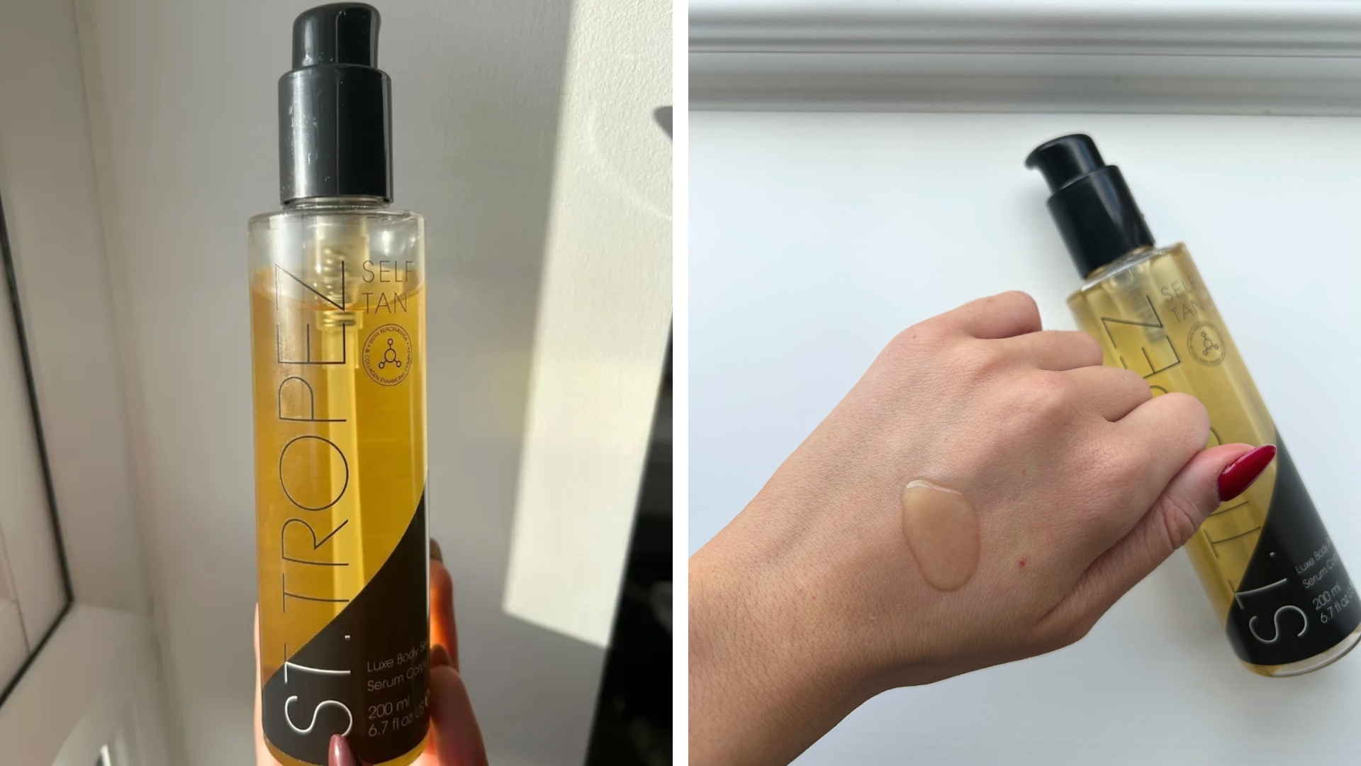 (L-R) Image of hand holding St Tropez Luxe Body Serum and swatch of the formula on the back of a hand
