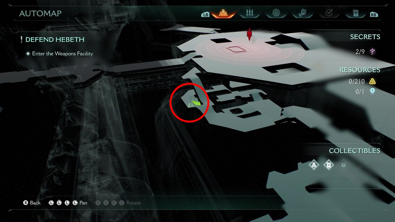 Doom: The Dark Ages Hebeth secrets - A map highlighting the location of a codex in this level.